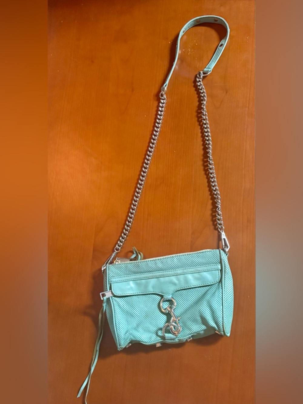 Rebecca Minkoff Perforated Mint Green Mini Crossbody with Silver Chain